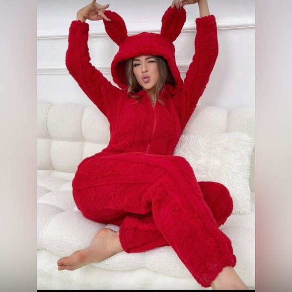 Other - Red Plush Full Pajamas with Ears, Size L, New with Label (NWT)